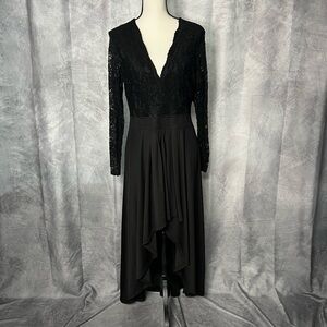 Elegant Black Lace V-Neck Dress with Sheer Lace Sleeves and Open Back